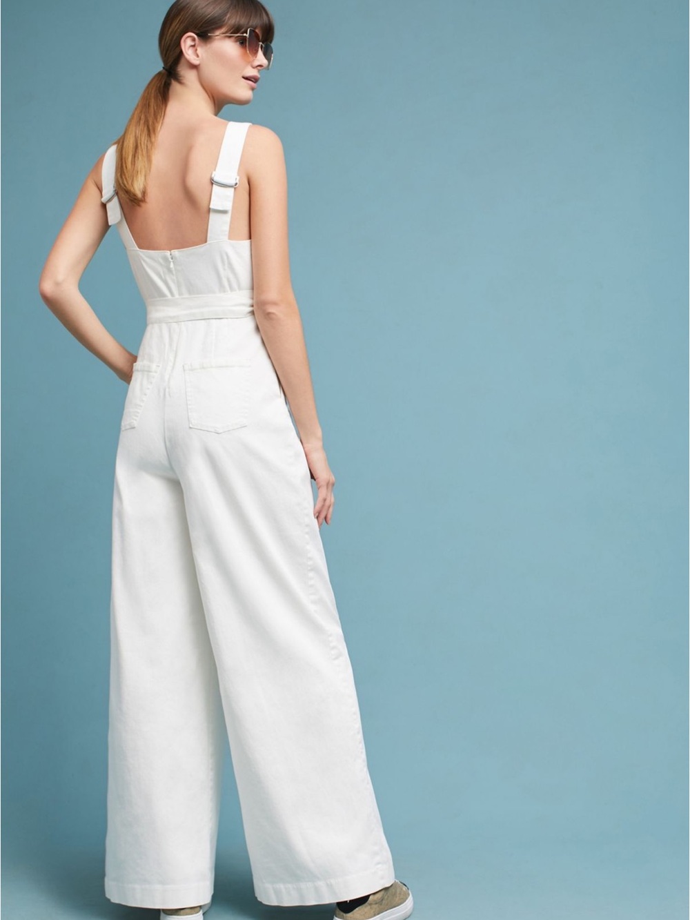ANTHROPOLOGIE CHINO NEW Ivory Scalloped Chino Jumpsuit Wide Leg 6 Stretch - Picture 5 of 10